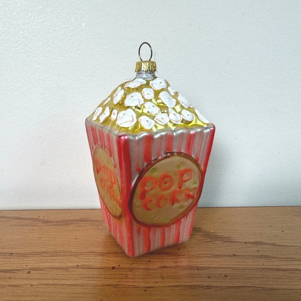 Vintage Style Glass Popcorn Bucket Christmas Ornament Red White Striped